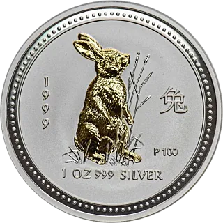 Монета "Год Кролика (с позолотой)", 1999 г., Серебро, 31,1 гр., проба 999, АВСТРАЛИЯ