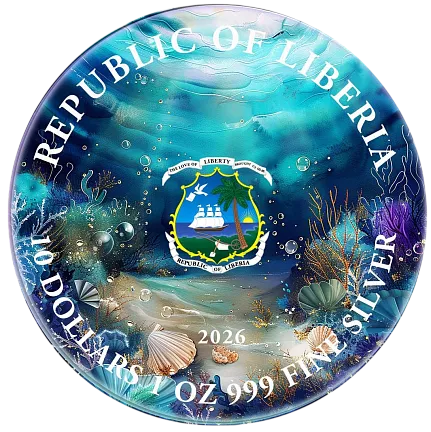 Монета "Шепот глубин", 2026 г., Серебро, 31,1 гр., проба 999, ЛИБЕРИЯ