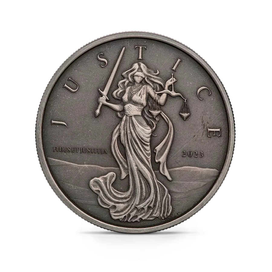 Монета "Леди Юстиция (Antique)", 2023 г., Серебро, 31,1 гр., проба 999, ГИБРАЛТАР