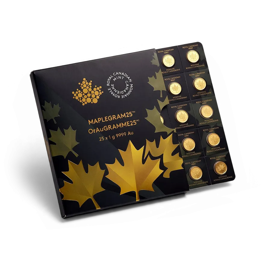 Монета "Кленовый лист. Maplegram" 25 шт., 2015 г., 25 гр., проба 999.9, КАНАДА