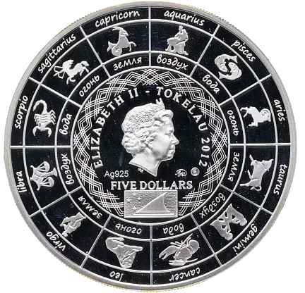 Монета "Близнецы. Знаки зодиака", 2012 г., Серебро, 31,1 гр, ппроба 925, ТОКЕЛАУ
