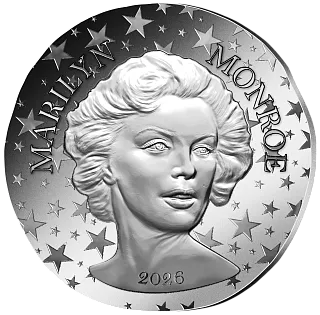Монета "100-летие Мэрилин Монро", 2026 г., Серебро, 22,2 гр., проба 999, ФРАНЦИЯ
