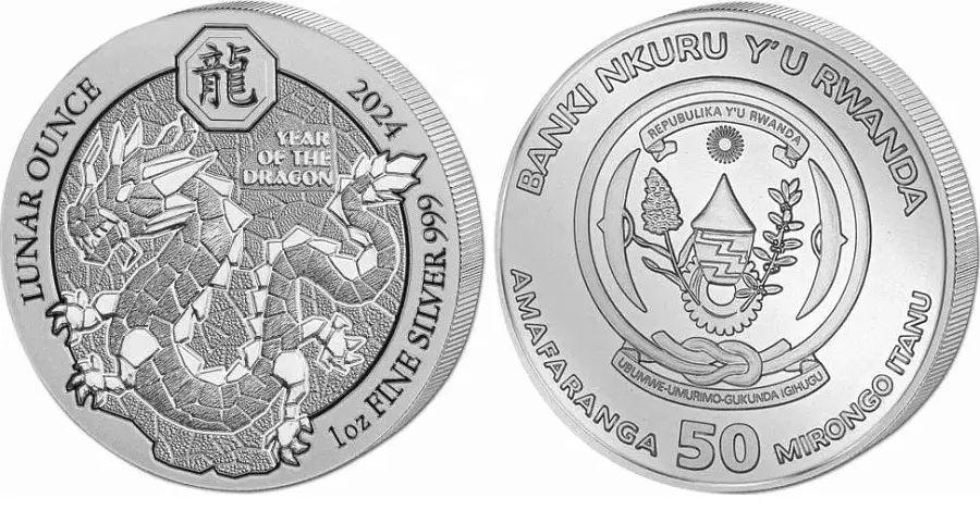 Монета "Руандийский Лунный Дракон (Полированный)", 2024 г., Серебро, 31,1 гр., проба 999, РУАНДА