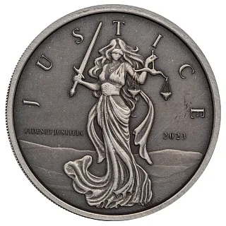 Монета "Леди Юстиция (Antique)", 2023 г., Серебро, 31,1 гр., проба 999, ГИБРАЛТАР