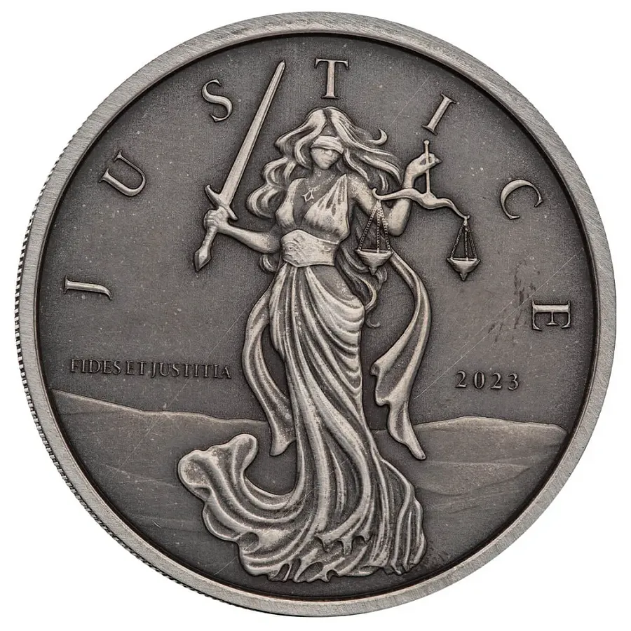 Монета "Леди Юстиция (Antique)", 2023 г., Серебро, 31,1 гр., проба 999, ГИБРАЛТАР